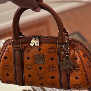 MCM Cognac Visetos Dome Satchel with Gold Hardware